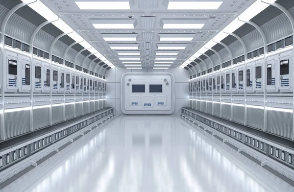 Vykreslování Interiéru Bílá Čistá Prázdná Futuristická Továrna Dopravníkovým Pásem — Stock fotografie