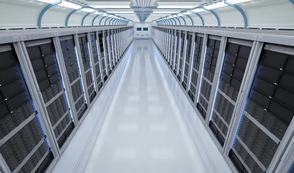 3Dレンダリングサーバールームの内部またはラックでいっぱいの内部データセンター — ストック写真