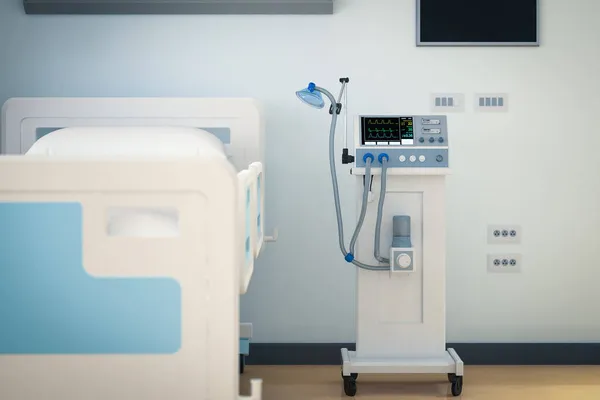 ベッドと人工呼吸器を備えた回復または入院室での3Dレンダリング病院のインテリア — ストック写真