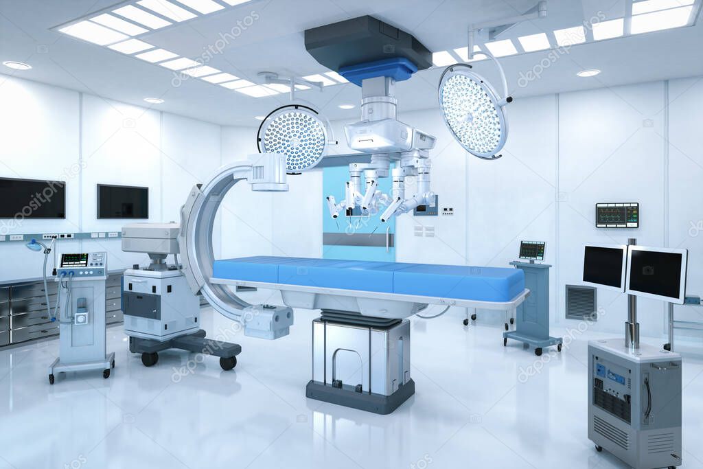 3d rendering hospital surgery room with C-Arm machine and surgery robot 