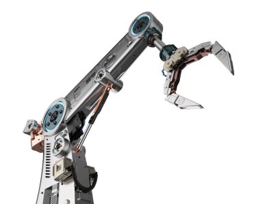 3D işlemeli metal robot kolu ya da beyaz arka planda izole edilmiş robot eli olan endüstriyel teknoloji