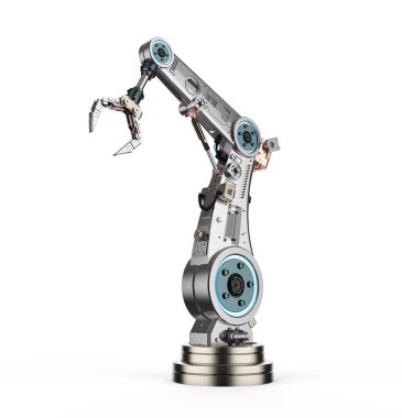 3D işlemeli metal robot kolu ya da beyaz arka planda izole edilmiş robot eli olan endüstriyel teknoloji