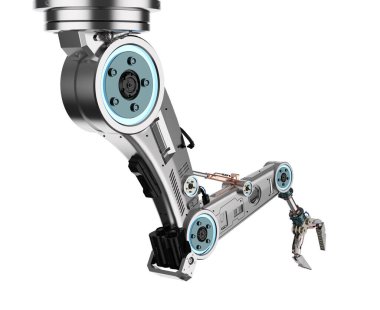 3D işlemeli metal robot kolu ya da beyaz arka planda izole edilmiş robot eli olan endüstriyel teknoloji