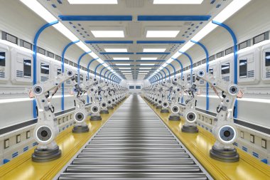 Otomasyon endüstrisi konsepti fabrikada 3 boyutlu robot üretim hattıyla