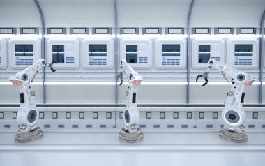 Otomasyon endüstrisi konsepti fabrikada 3 boyutlu robot üretim hattıyla