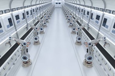 Otomasyon endüstrisi konsepti fabrikada 3 boyutlu robot üretim hattıyla