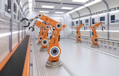 Otomasyon endüstrisi konsepti fabrikada 3 boyutlu robot üretim hattıyla