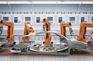Otomasyon aumobile fabrikası konsepti ve otomobil fabrikasında 3 boyutlu robot üretim hattı.