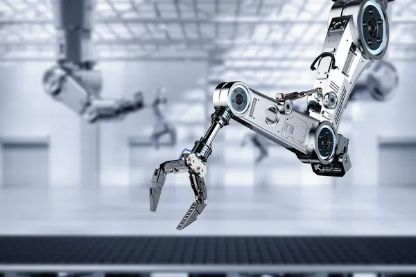 金属ロボットアームまたはコンベアラインを備えたロボットハンドを3Dレンダリングする産業技術 — ストック写真