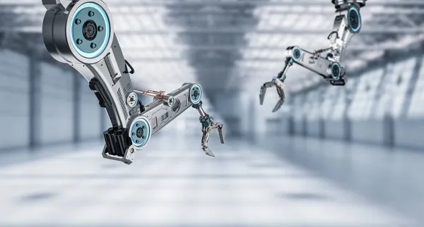 Technologia Przemysłowa Renderowania Metalowe Ramię Robota Lub Robota Fabryce — Zdjęcie stockowe