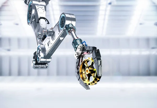 Tecnologia Industriale Con Braccio Robotico Metallo Rendering Dispositivo Tenuta Manuale — Foto Stock