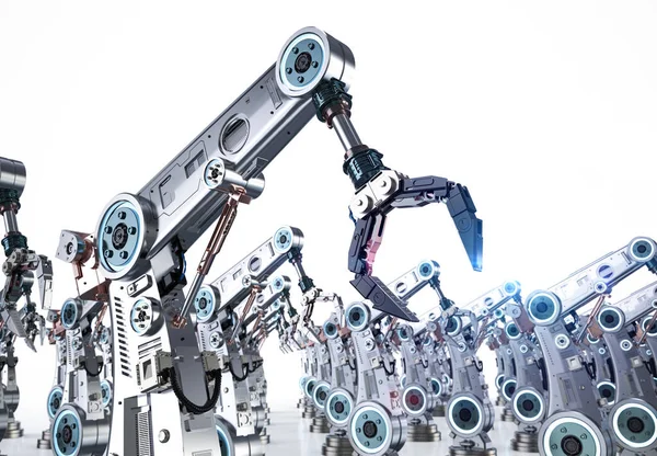 Technologia Przemysłowa Grupą Renderowania Metalowych Ramion Robotów Lub Robotów Linii — Zdjęcie stockowe