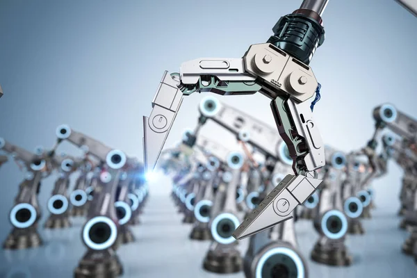 Sanayi Teknolojisi Metal Robot Silah Grubuyla Veya Fabrikada Robot Montaj — Stok fotoğraf