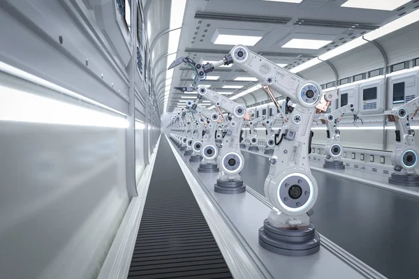 工場で3Dレンダリングロボットアセンブリラインとオートメーション業界の概念 — ストック写真