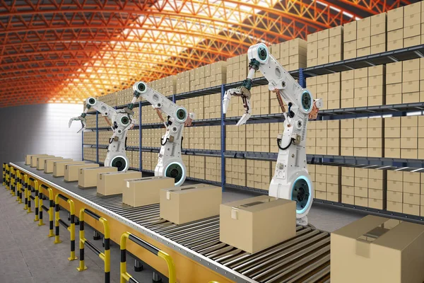 Automatiseringsfabrieksconcept Met Rendering Robot Met Boxen Transportband Fabriek — Stockfoto