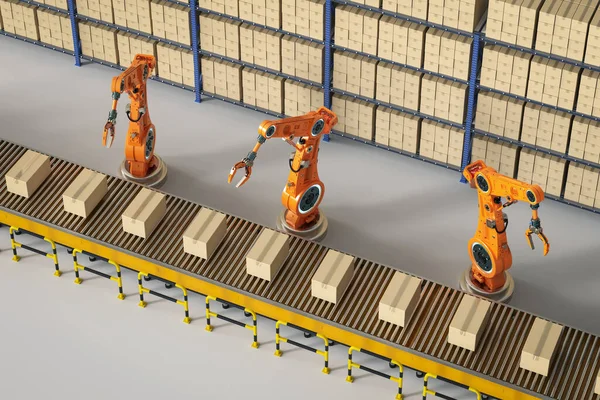 Automatisierungswerkskonzept Mit Rendering Roboter Mit Boxen Auf Förderband Der Fabrik — Stockfoto
