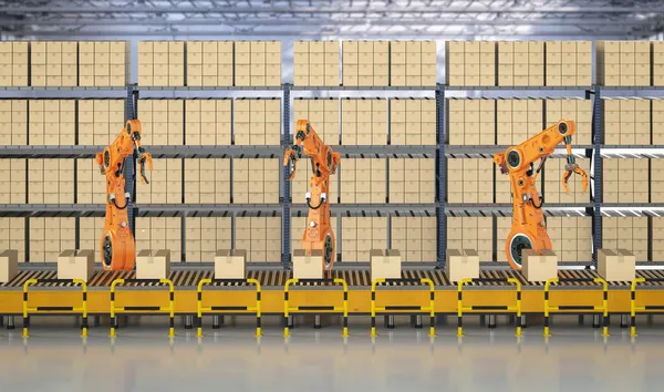 工厂输送机生产线上装有盒子的3D渲染机器人的自动化工厂概念 — 图库照片