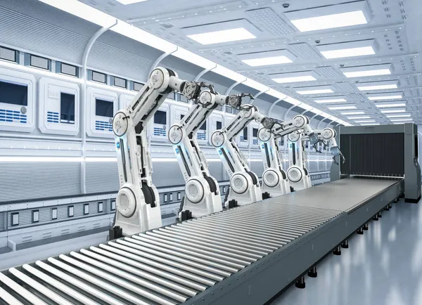 Automatizálási Ipari Koncepció Renderelő Robot Gyártósorral Gyárban — Stock Fotó