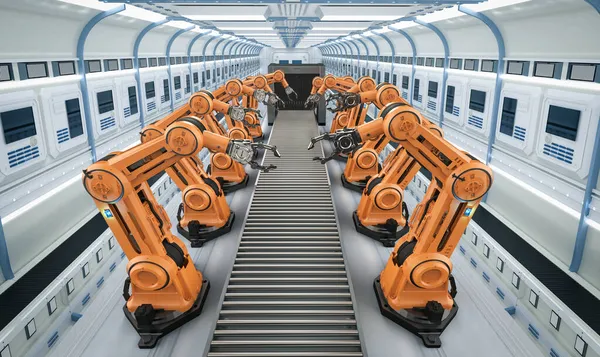 Konsep Industri Otomatisasi Dengan Lini Perakitan Robot Rendering Pabrik — Stok Foto