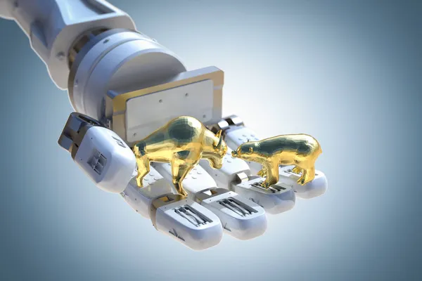 Concepto Tecnología Financiera Con Robot Renderizado Analizar Mercado Valores Toro — Foto de Stock