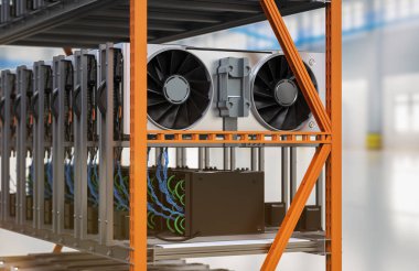 Deposunda grafik kartı ya da gpu rafı olan 3D kripto madencilik çiftliği