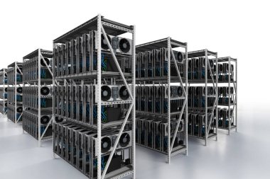 Grafik kartı ya da beyaz arkaplandaki gpu rafı ile 3d şifreleme çiftliği 
