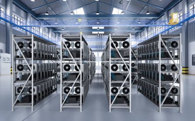 Deposunda grafik kartı ya da gpu rafı olan 3D kripto madencilik çiftliği