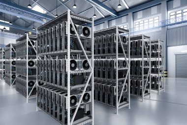 Deposunda grafik kartı ya da gpu rafı olan 3D kripto madencilik çiftliği