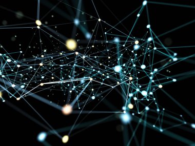 Siyah arkaplan 3d oluşturma üzerinde düğümlerle veya bağlantı yapısıyla bağlantı çizgileri