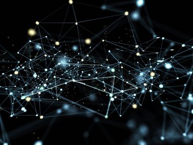 Siyah arkaplan 3d oluşturma üzerinde düğümlerle veya bağlantı yapısıyla bağlantı çizgileri