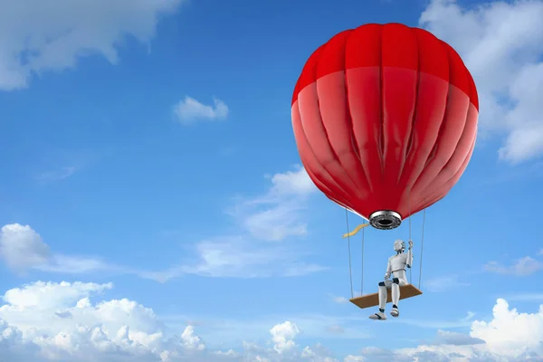 Renderelés Robot Piros Hőlégballon Swing Repülni Felhős — Stock Fotó
