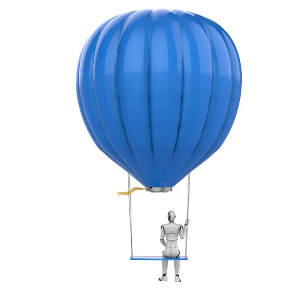 Rendering Roboter Auf Blauem Heißluftballon Mit Schaukel Isoliert Auf Weiß — Stockfoto