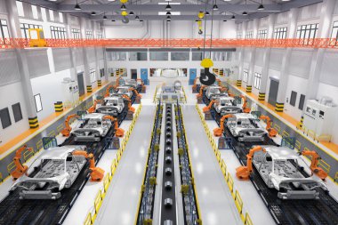 Automation automobile factory concept with 3d rendering robot assembly line in car factory clipart