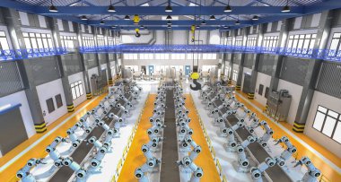 Otomasyon endüstrisi konsepti. 3d 'lik robot montaj hattını boş taşıma bandıyla oluşturma kavramı.