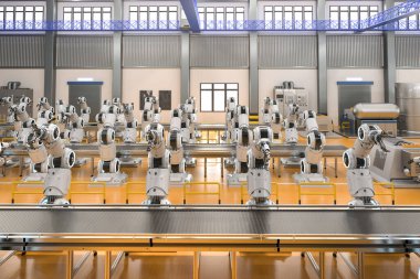 Otomasyon endüstrisi konsepti. 3d 'lik robot montaj hattını boş taşıma bandıyla oluşturma kavramı.