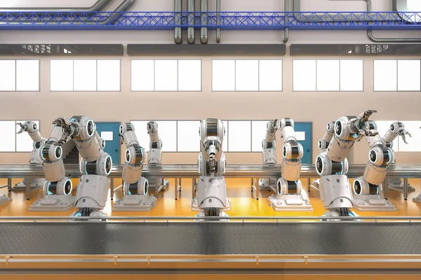 Αυτοματισμού Έννοια Της Βιομηχανίας Απόδοση Ρομπότ Γραμμή Συναρμολόγησης Άδειο Ιμάντα — Φωτογραφία Αρχείου