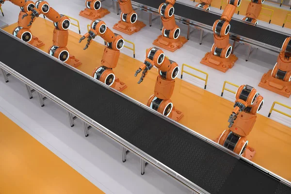 Otomasyon Endüstrisi Konsepti Lik Robot Montaj Hattını Boş Taşıma Bandıyla — Stok fotoğraf