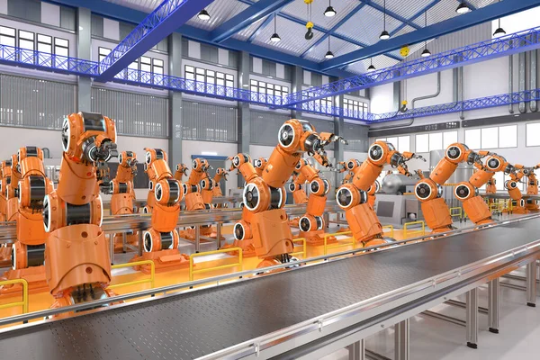 Automatisierungsbranchenkonzept Mit Rendering Roboter Montagelinie Mit Leerem Förderband — Stockfoto