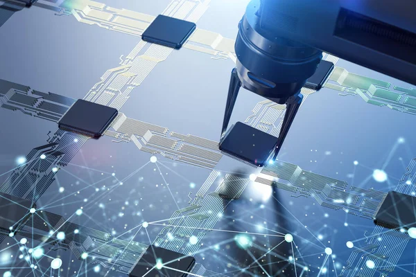 Braços Robóticos Renderização Com Chipset Para Fabricação Semicondutores — Fotografia de Stock