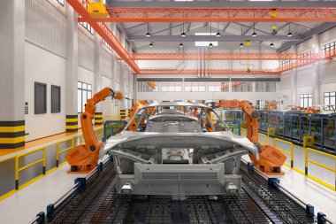 Otomobil fabrikası konsepti ve otomobil fabrikasında 3 boyutlu robot üretim hattı.