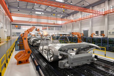 Otomobil fabrikası konsepti ve otomobil fabrikasında 3 boyutlu robot üretim hattı.