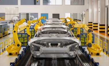 Otomobil fabrikası konsepti ve otomobil fabrikasında 3 boyutlu robot üretim hattı.