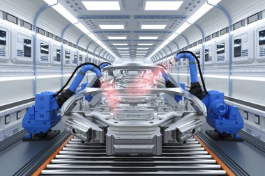 Otomobil fabrikası, otomobil fabrikasında 3 boyutlu robot boyası.