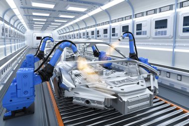 Otomobil fabrikası, otomobil fabrikasında 3 boyutlu robot boyası.