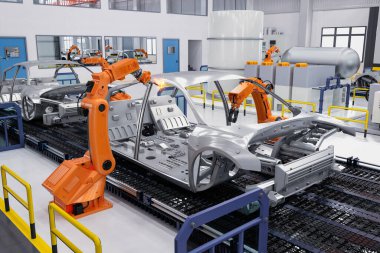 Otomobil fabrikası konsepti ve otomobil fabrikasında 3 boyutlu robot üretim hattı.