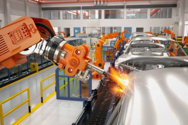 Otomobil fabrikası konsepti ve otomobil fabrikasında 3 boyutlu robot üretim hattı.
