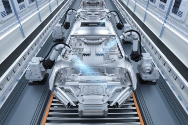 Otomobil fabrikası, otomobil fabrikasında 3 boyutlu robot boyası.