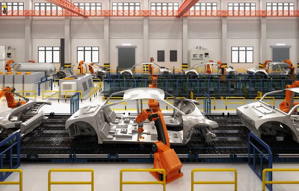 Automatisering Auto Fabrieksconcept Met Rendering Robot Assemblagelijn Autofabriek — Stockfoto