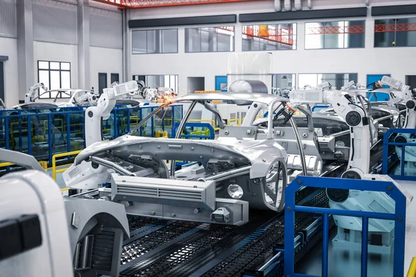 Automatyzacja Koncepcji Fabryki Samochodów Renderowania Linii Montażowej Robota Fabryce Samochodów — Zdjęcie stockowe