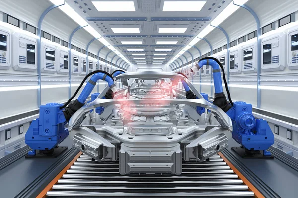 Automation Bilfabrik Med Rendering Robot Airbrush Målning Bilfabrik — Stockfoto